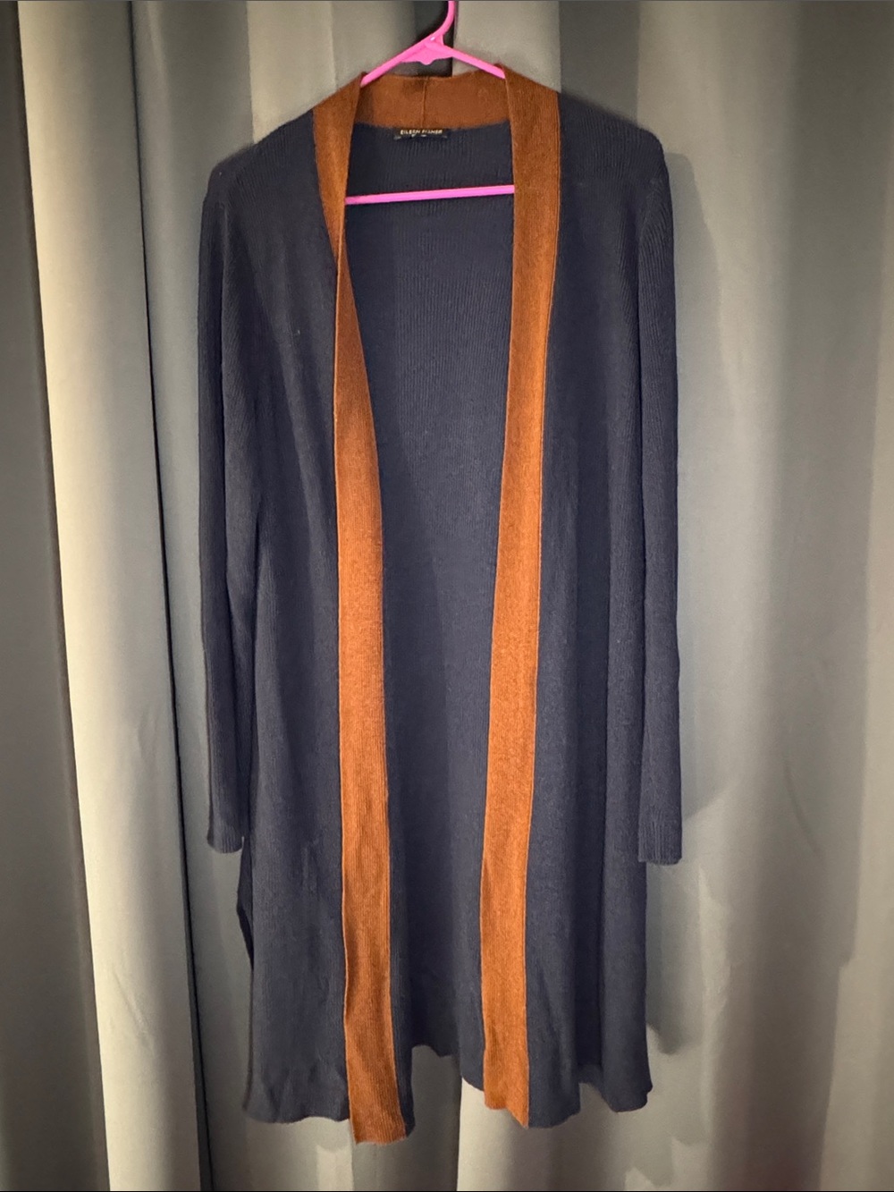 Eileen Fisher Tencell Navy Open-Front Cardigan with Brown Trim